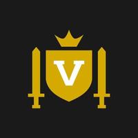 letter V inside a shield and a sword with a classic medieval style. classic elegant logo template. vector