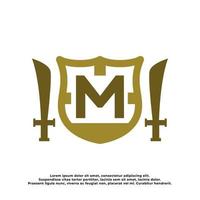 letter M inside a shield and a sword with a classic medieval style. classic elegant logo template. vector