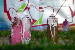 unas pocas latas de pintura usadas yacen en el suelo cerca de la pared con una hermosa pintura de graffiti. concepto de arte callejero y vandalismo foto