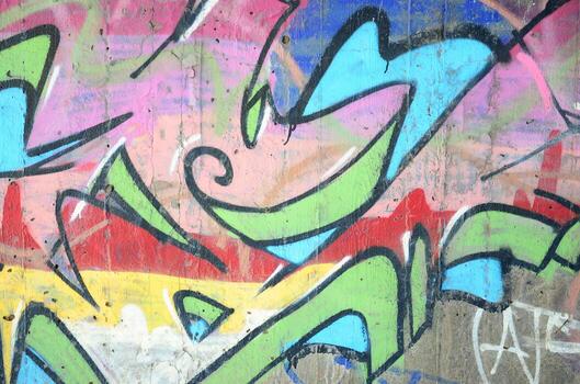 Close-up fragment of a graffiti drawing applied to the wall by aerosol paint. Background image of a modern composition of lines and colored areas. Street art concept photo
