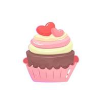 cupcake de san valentín con corazón aislado. Postre dulce de chocolate con magdalenas rosas para los amantes. ilustración vectorial de dibujos animados. panadería para el día de san valentín vector