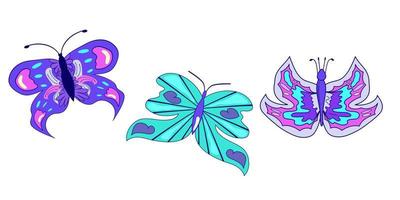 Y2k butterfly set in abstract style on white background. Flower power. Y2k aesthetic. Vector illustration design. 90s, 00s butterfly isolated.