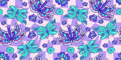 patrón psicodélico trippy de flores y mariposas sin costuras. patrón transparente psicodélico púrpura. estampado mágico de margaritas florales. ilustración plana floral hippie de diseño trippy. impresión retro y2k vector