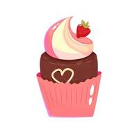 cupcake de san valentín con corazón y fresa aislado. muffins rosados de chocolate, postre dulce de vainilla para los amantes. ilustración vectorial de dibujos animados. panadería para el día de san valentín vector