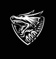 head of a dragon in the form of a shield illustration, emblem design on a black background. vector