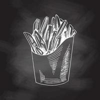 French fries. Fried potatoes. White sketch isolated on black chalkboard.  Eco food vintage vector illustration. Illustration for print, web, mobile and infographics isolated on white background.