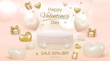 Product display stand with 3d Valentines day ornament. Elegant style discount template background design. vector