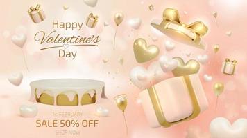3d realistic heart shape in open gift box on podium and balloons element and ribbon with glitter light effect decoration and bokeh. Valentine's day sale banner template background design. vector