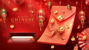 Red luxury background with product display podium element with 3d realistic chinese new year ornament and glitter light effect decoration and bokeh. Vector illustration.