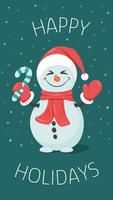 Happy snowman in hat with scarf and gloves raising his arms with green candy cane. Happy holidays christmas season design, vector graphic. Stories, greeting vertical banner, postcard concept.