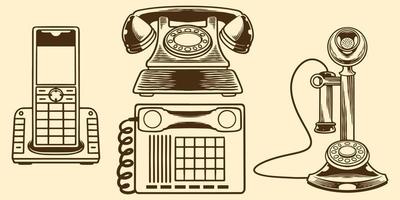 Hand drawing vintage telephones drawn elements. vector