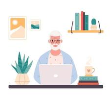 Old man working on computer at home. Online education, web courses, remote working, modern technologies and old people vector