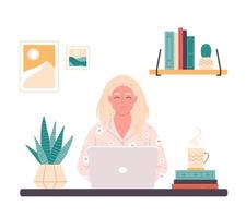 Man working with computer. Home office, freelance, remote working, programming, customer service, online career vector