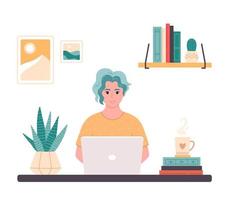 mujer trabajando con computadora. oficina en casa, freelance, trabajo remoto, programación, servicio al cliente, carrera en línea. vector