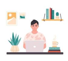 Asian man working with computer. Home office, freelance, remote working, programming, customer service, online career vector