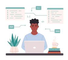 hombre negro trabajando en una computadora portátil. desarrollador código de programación freelance, teletrabajo, programación vector
