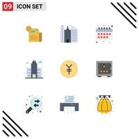 Pictogram Set of 9 Simple Flat Colors of yen coin back to school building life Editable Vector Design Elements