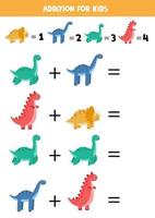 Addition game with different dinosaurs. Educational math game for preschool kids. vector