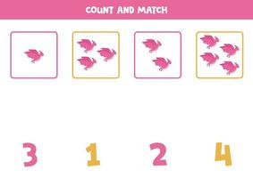 Counting game for kids. Count all pterodactyls and match with numbers. Worksheet for children. vector