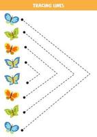 líneas de trazado para niños con mariposas de colores. práctica de escritura a mano. vector