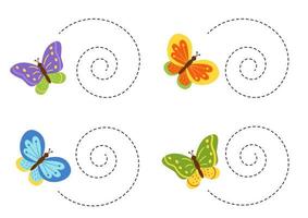 Tracing lines for kids with colorful butterflies. Handwriting practice. vector