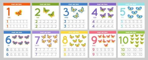 Set of number tracing flashcards with cute butterflies. Learning numbers for kids. vector