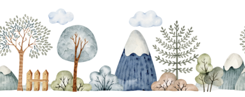 Seamless border with trees and mountains, watercolor illustration in cartoon style. png