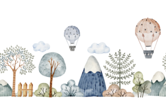 bordure transparente avec la nature et la montgolfière, illustration aquarelle de style dessin animé. png