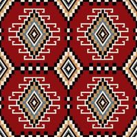 colorido patrón cuadrado geométrico étnico. forma de diamante geométrico kilim azteca en patrón cuadrado sobre fondo de color rojo. uso para telas, textiles, elementos de decoración del hogar, tapicería, envoltura. vector