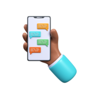 3d illustration of a chat on a mobile phone. Hand with smartphone and speech chatting. SMS exchange png