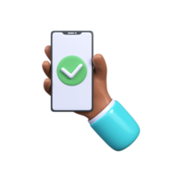 3D Hand holding a smartphone with a check mark on the screen. Green tick icon png