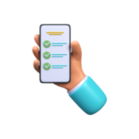 Hand holding smartphone with list mobile app. Successful completion of tasks. To-do list, done, completed png