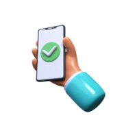 3D Hand holding a smartphone with a check mark on the screen. Green tick icon png