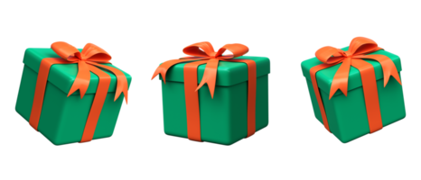 Christmas gift boxes. 3d green gift boxes with red ribbon and bow png