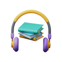 audiolivros com ilustração de fones de ouvido. livros online, ouvindo podcasts ou e-learning. 3d png