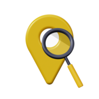 icono de un pin 3d amarillo con una lupa png