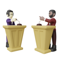 debate político ilustración 3d. el hombre enojado debate en una plataforma y se señala el uno al otro 3d render png