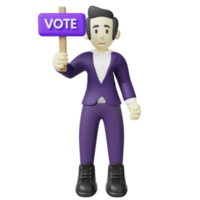 Ilustración 3D de hombre con cartel de voto. empresario haciendo campaña electoral