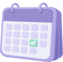 Le calendrier 3d a marqué la date et l'heure du jour de rappel sur fond violet. calendrier avec liste de tâches pour le rendez-vous, le jour de l'événement, le concept de planification des vacances. Illustration de rendu de l'icône d'alarme 3d png
