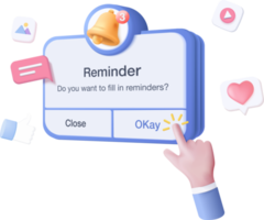 3D reminder in calendar. notifications page with floating elements. Alert for business planning ,events, reminder and timetable in background. 3d vector bell render on calendar png
