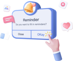 rappel 3d dans le calendrier. page de notifications avec des éléments flottants. alerte pour la planification d'entreprise, les événements, le rappel et le calendrier en arrière-plan. Rendu 3d de cloche de vecteur sur le calendrier png