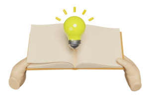 3D Hand holds open book with yellow light bulb isolated. idea tip education, knowledge creates ideas concept, minimal abstract, 3d render illustration png