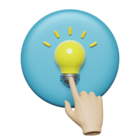 3d hand press blue button with yellow light bulb isolated. idea tip education, knowledge creates ideas concept, minimal abstract, 3d render illustration png