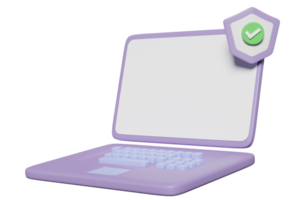 3d purple laptop computer with shield, checkmark isolated. Internet security or privacy protection or ransomware protect concept, 3d render illustration png