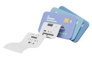 3d credit card stack with invoice, paper receipt, electronic bill payment isolated. 3d render illustration png