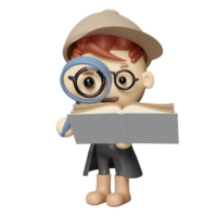 3d dessin animé garçon détective personnage main tenir livre ouvert avec loupe, chapeau brun isolé. étudier, rechercher un concept, illustration de rendu 3d png