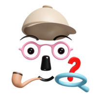 3d tekenfilm gezicht detective karakter met vraag Mark symbool, vergroten glas, bruin hoed, roken pijp geïsoleerd. onderzoeken concept, 3d geven illustratie png