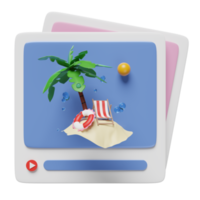 3D social media or communication online platform with lifebuoy, water splash, palm tree, play icons, photo frame isolated. summer travel concept, 3d render illustration png