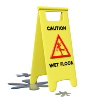 cuidado piso escorregadio ou molhado cuidado sinal de plástico com área molhada isolada. símbolo de aviso, ilustração de renderização 3D png