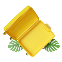 valise ouverte jaune vide avec feuille de palmier monstera isolée. concept de voyage d'été, vue de dessus, illustration 3d ou rendu 3d png